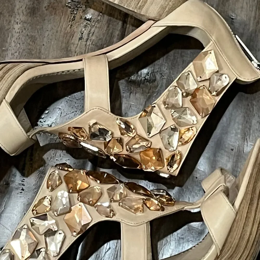 Jean-Michel Cazabat Crystal Embellished Platform Leather High Heels‎ Nude Sz 7.5